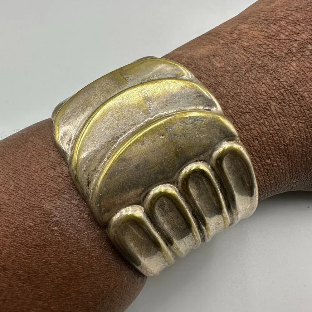 Cuff Bracelet Silver Plated Wide Sculpted Wave Design Bold Statement Jewelry